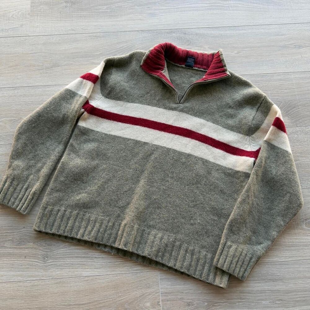 Gap Vintage 90's Lambswool Mens Large Khaki & Red 1/4 Zip Sweater Preppy Y2K Lad